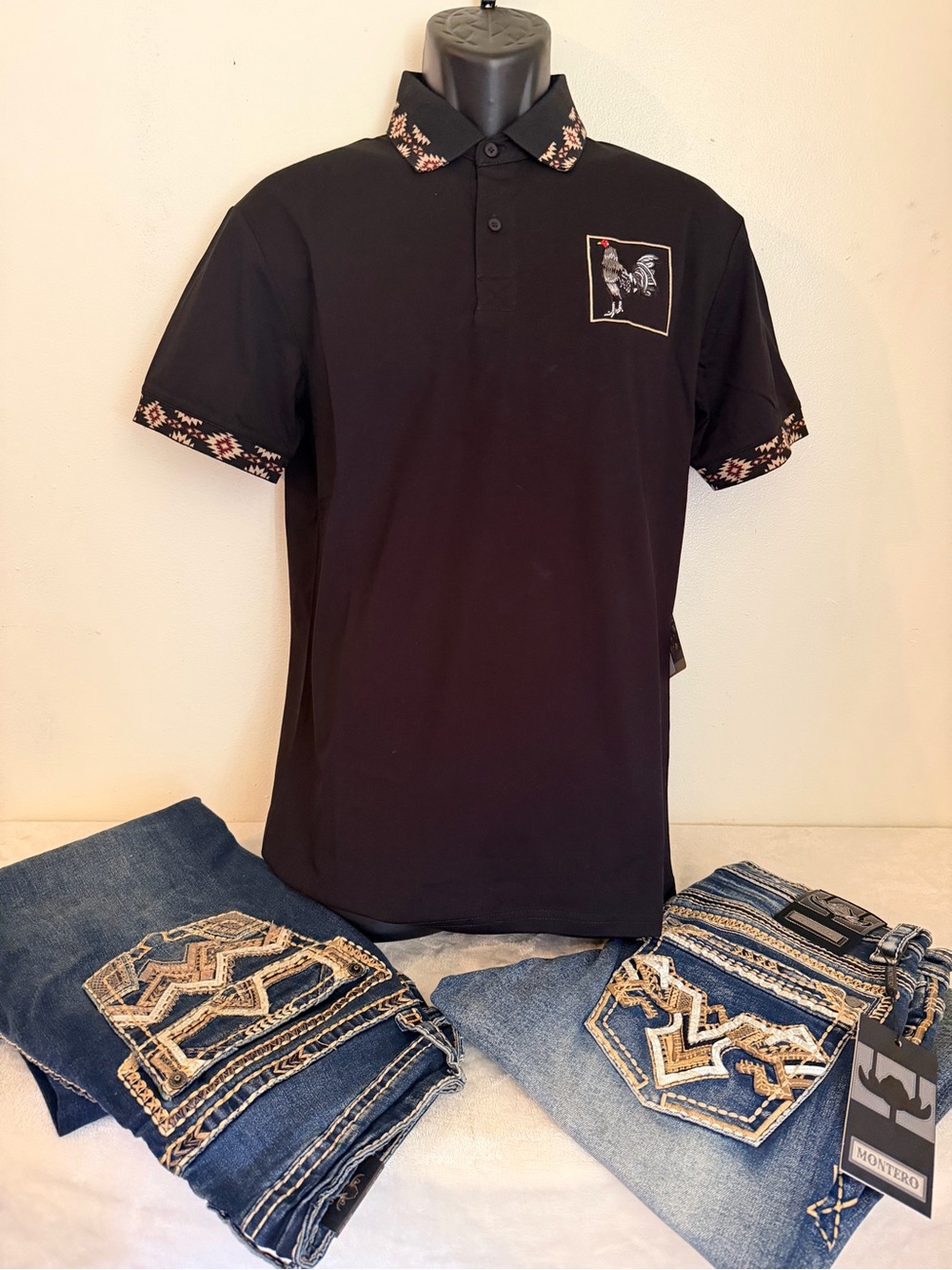 Black Polo Shirt with Embroidered Rooster - Men's Casual Polo